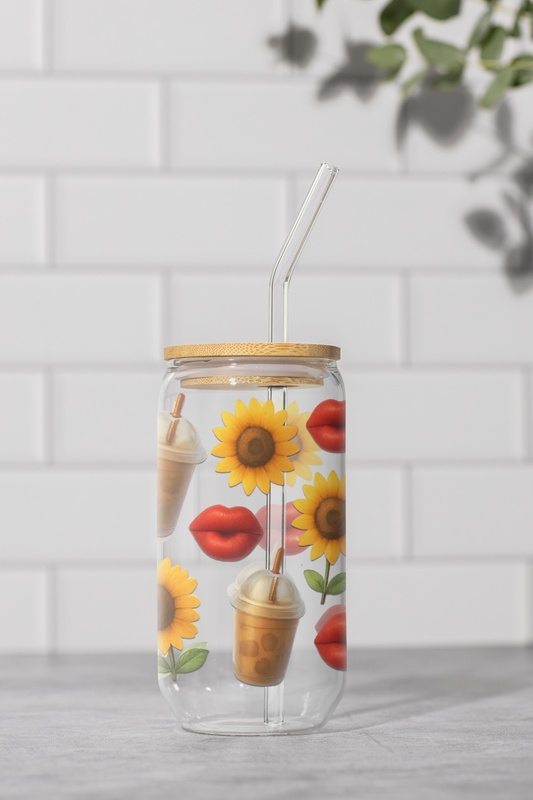 Lips, Coffee and Sunflowers 16oz Glass Cup